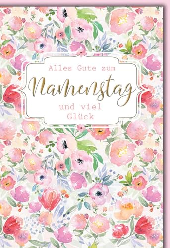 Namenstagskarte Festlich - Blumen - Bunte Aquarellblüten mit Goldschrift und Glückwünschen - Klappkarte mit Umschlag