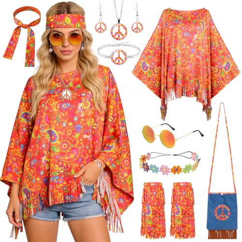 Hippie Kostüm Damen Set, Faschingskostüme Damen, 70er Jahre Outfit Damen mit Hippie Umhang, Bunter Umhängetasche, Sonnenbrille, 60er 70er Jahre Disko Kostüm Kleidung für Karneval Party (Orange)