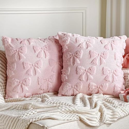 FUFRE 2 Stück Schleife Kissenbezug 45x45 cm, Kissenbezüge Schleifen 45x45 Deko Wohnzimmer Modern Kissenhülle Zimmer Deko Aesthetic Zierkissenbezüge Muttertag Dekokissen Geschenk für Mama (Rosa)