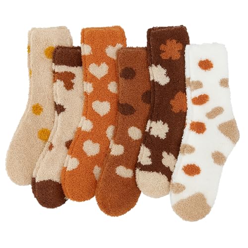 MOAZIFI Kuschelsocken Damen 6 Paare, Flauschige Socken Braun-Tönige Muster, Warme Haussocken Schlafsocken für Herbst Winter, Perfekte Kleine Geschenke für Frauen Weihnachten Geburtstag, 36-42