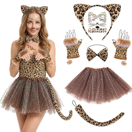 HTTDSLF Leoparden Kostüm Damen Set, Tierkostüm Damen Karneval, Leoparden Ohren, mit Zubehör, Haarreif und Stickern, Tutu Rock, für Karneval Kostüm Party Halloween Damen