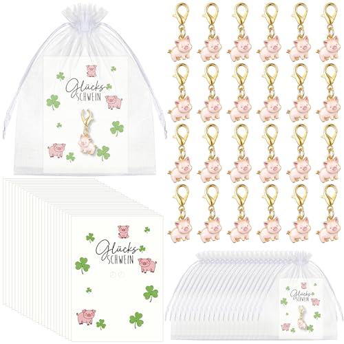 BBTO 24 Set Glücksschwein Silvester Neujahr Glücksbringer Schwein Rosa Schlüsselanhänger Anhänger mit Karabinerhaken Deko mit 24 Glückskarten Kleine Neujahrsgeschenke 2026 Weihnachtsgeschenke