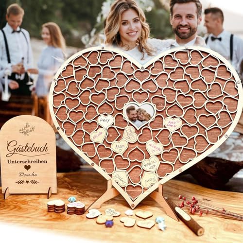 Neamon Hochzeit Gästebuch aus Holz in Herzform, Gästebuch für Hochzeit, Geburtstag, Jahrestag, Party-Dekoration (Rötlichbraun)
