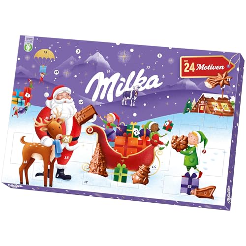 Milka Adventskalender mit gefüllten Schokofiguren aus Alpenmilch-Schokolade & Milchcrème – 24 Türchen – 200g