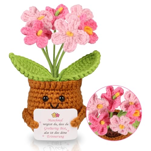 WenmthG Gestrickte Rosa Vergissmeinnicht Deutsch Glücksbringer Anti Stress Kleines Geschenk für Schwester Freundin Frauen Kollegen Freunde, Beste Freundin Geschenke Positive Kartoffel Deutsch Ersatz