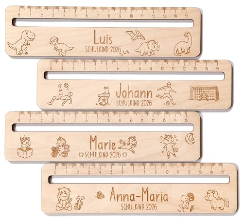 Personalisiertes Lineal mit Lesehilfe zur Einschulung 2026 mit Name aus Holz – Verschiedene Motive - Geschenk zur Einschulung, Schulanfang, 1. Klasse Schulkind Geschenk für Jungen und Mädchen