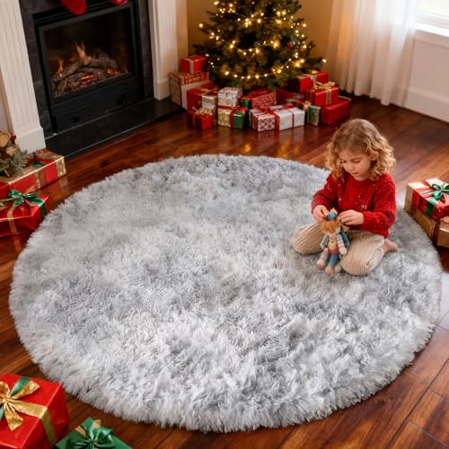VOFUSHON Teppich Rund 120 cm Hellgrau Waschbar Rutschfester Hochflor Runder Teppich Schlafzimmer Weich Flauschig Rug