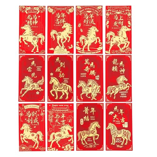 12 Stück Chinesische Neujahr Rote Umschläge 2026 Jahr des Glückspferdes, Geprägte Folien Hongbao, Für Spring Festival Geburtstag Hochzeit Kleines Geschenk Geld (A)