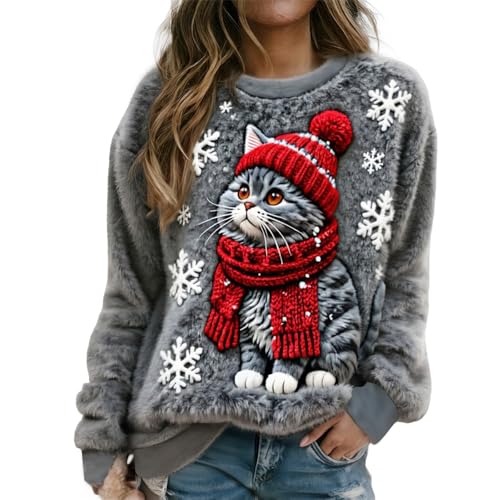 Damen Weihnachten Katze Print Flanell Sweatshirt Xmas Neuheit Niedlich Rundhals Pullover Tops Urlaub Bequem Festlich Kleidung Winter Casual Mode Weich Warm Pullover, Grau-gemütliche Katze, M