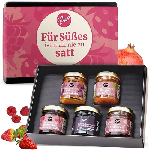 Gepp's Feinkost Frühstück Marmeladen Set I Mini Konfitüren in verschiedenen Geschmacksrichtungen I Geschenk mit Spezialitäten wie Mango Ingwer Erdbeer & Champagner Fruchtaufstrich