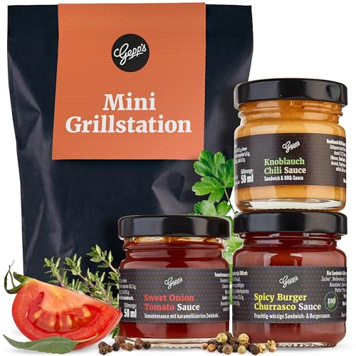 Gepp’s Feinkost Wundertüte Mini Grillstation I Grill-Geschenke für Männer mit BBQ Grillsauce, Whsikey Pfeffer Sauce & Knoblauch Chili Sauce I Grillgewürze Geschenkset