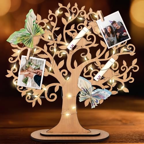 Giftota Geldbaum aus Holz mit LED Lichterkette - 29 x 29 cm Geldgeschenke Geburtstag, Jugendweihe Geldgeschenke, Hochzeitsgeschenke, Geschenke Verpackung für Männer Frauen Brautpaar