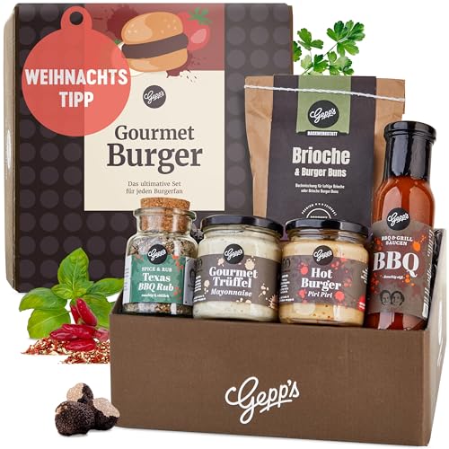 Gepp’s Feinkost Burgerbox Geschenkset I Gefüllt mit feinsten Grill- und BBQ-Saucen, Texas BBQ Rub und Brioche I Geschenkidee für Grillfeste und Burger-Abende für Papa, Freund und Ehemann