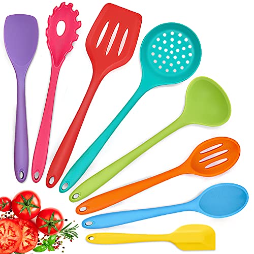 Herogo Küchenhelfer Set, 8-teiliges Silikon Kochbesteck Set, Antihaft Hitzebeständig Küchenutensilien Kochgeschirr mit Silikonspatel/Löffel/Wender/Schöpfkelle - Bunt