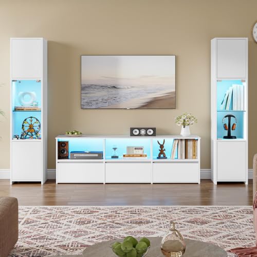 Hzuaneri Wohnwand, Weiß 3 Teiliges TV Möbel Set, mit LED Beleuchtung