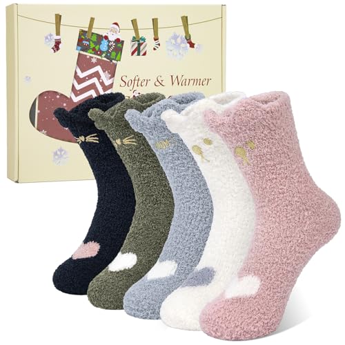 Justay Sowarm Kuschelsocken Damen Katze 5 Paar Flauschsocken Wintersocken Bettsocken Thermosocken Mädchen Dicke Gemütliche Warme Socken Haussocken Weihnachtssocken Mehrfarbig Geschenkbox