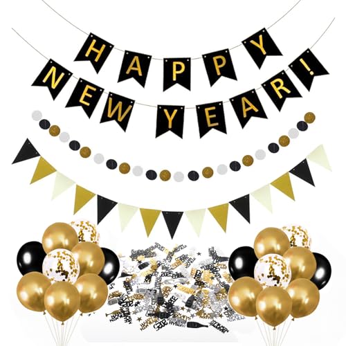Silvester Deko 2026 Set – Neujahr Silvester Deko, Happy New Year Girlande, 12-Zoll-Luftballons, Wimpel, Konfetti & Luftballons für eine unvergessliche Silvesterparty, Silvesterdeko & Zubehör