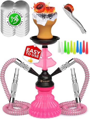 Shisha Set Klein mit 2 Schläuche - 30cm Rosa Mini Shisha - 2 Schlauch Shisha mit shisha zubehör 50x Folie + Shisha Tonkopf + 10x Spitzen 2x Mundstück Zange Tragbares Shisha Set mit allem Shisha-Kit