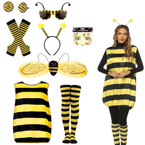 JrnSvp Bienen Kostüm, Bienenkostüm Erwachsene Damen, Haarreif Flügel Handschuhe Beinsocken Ohrringe Brille, Biene Kostüms für Karneval Party Dress Up Party Cosplay