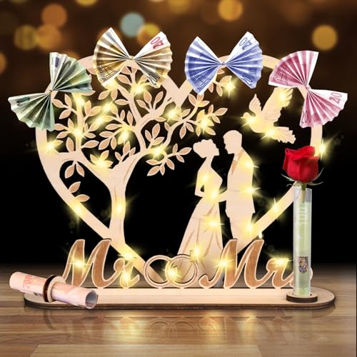 Geldgeschenk Hochzeit Holz mit LED Lichterkette, Hochzeitsgeschenk Herzbaum