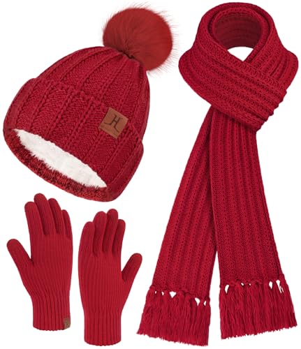 ZASFOU Damen Winter Beanie Mütze Schal Touchscreen Handschuhe Set Thermo Fleece Strickmütze Wintermütze mit Bommel Lange Schals Winterschal Winterhandschuhe für Frauen Geschenk