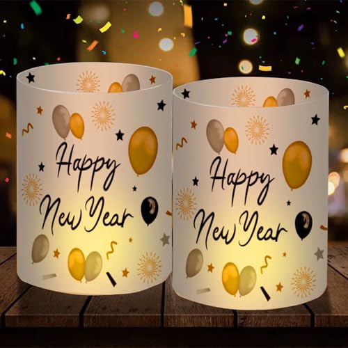 12 Windlicht Tischdeko Silvester Windlicht Silvester Deko 2026 Happy New Year Deko, Silvesterdeko Party Set, Geeignet für Teelichter oder Kerzen Silvesterparty Deko Neujahr