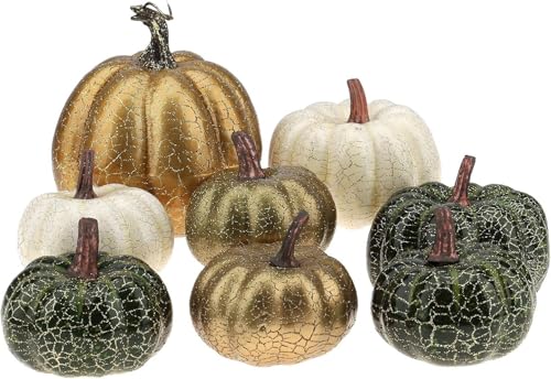 Kepfire 8 Stück Kürbis Deko,Künstlicher kürbisse deko für Thanksgiving Halloween Herbst Dekoration - Zufällige Mischfarbe(Grün&Gold&Weiß)