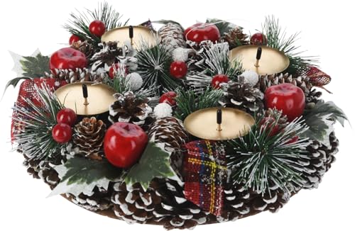 Bambelaa! Künstlicher Adventskranz mit 4 Kerzenhaltern in Gold Geschmückt Tannenzapfen roten Beeren 27cm - 40 cm (Braun, 27 cm)