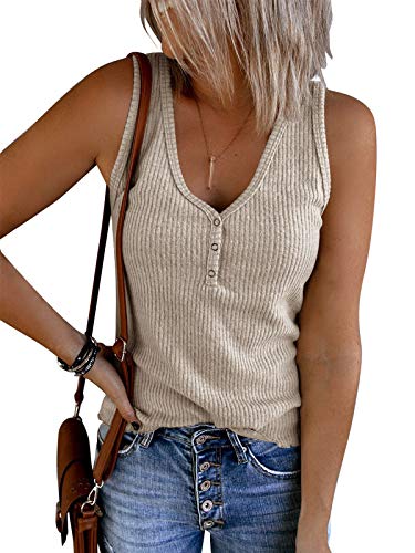 Saodimallsu Damen Tank Tops Sexy V-Ausschnitt Top Ärmellose Henley Shirts Sommer Gerippt Cami Bluse mit Knöpf Beige M