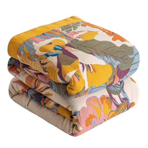 SE SOFTEXLY Boho Decke 100% Baumwolle – Doppelseitige Musselin Tagesdecke 150x200cm, Kuschelige Sofadecke & Bettüberwurf, Aesthetic Design, Ideal für Wohnzimmer & Schlafzimmer, Orange/Grün