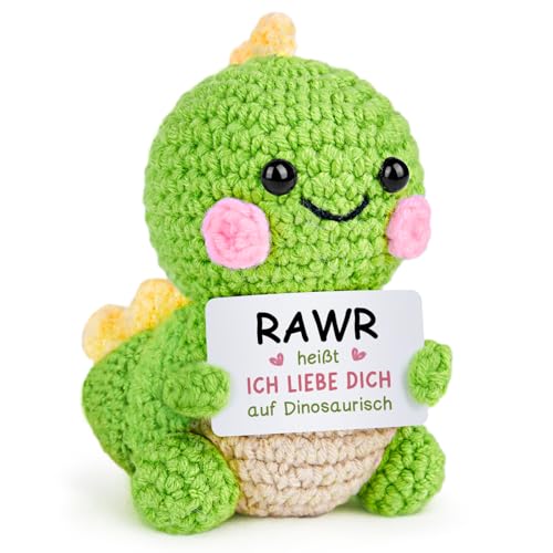 Jahrestag Geschenk für ihn Sie - Handgemachte Gehäkelte Dino mit Energiekarte, Geschenke für Freund Freundin Paar Partner, Pocket Hug Dino, Valentinstag Valentinstagsgeschenk, Hochzeitstaggeschenke