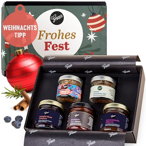 Gepp's Feinkost Weihnachts-Geschenk Frohes Fest I Mini 5er Geschenkset Weihnachten mit köstlichen Delikatessen I Mit Glühwein Gewürz, Fruchtaufstrich, Bruschetta-Dip & Sauce in Winter-Editionen