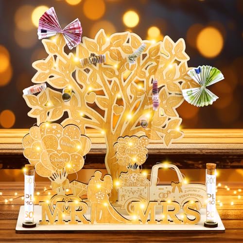 FTUREERA Hochzeit Geldgeschenk, Hochzeitsgeschenke für Brautpaar Geldbaum Hochzeit aus Holz Mr & Mrs, Hochzeitsgeschenk Geld mit LED Lichterkette, Lebensbaum Wunscherfüller Geldgeschenk