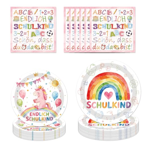PURCAFT 72 Stück Einhorn Schulanfang Pappteller Set – „Endlich Schulkind“ Partygeschirr mit Servietten für Einschulung und Schulanfangsfeier
