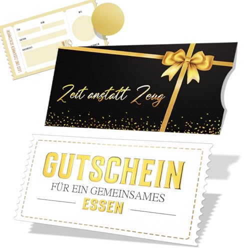 Luckeey Gutschein für ein gemeinsames Essen – Edle Geschenkkarte mit Goldfolie, Umschlag „Zeit anstatt Zeug“ & Rubbelaufkleber und Hülle – Gutscheine zum Selberausfüllen, Gutscheinkarte Essen gehen
