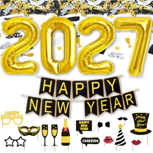 Silvester Deko 2027 Dekoration Set, Neujahr Silvesterdeko, Happy New Year Girlande + Folienballons + Fotorequisiten Masken Konfetti. Neujahrsdeko / Silvesterpartydeko Accessoire für Silvesterparty