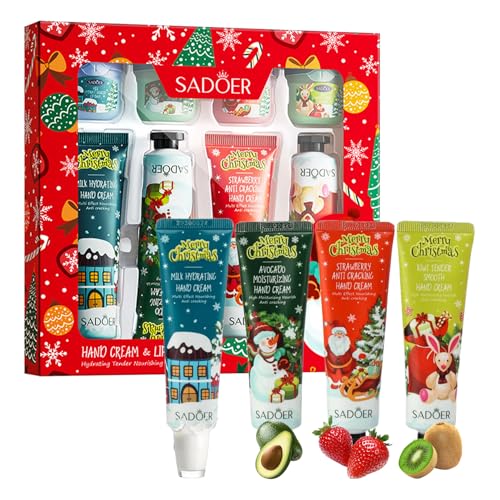 AMSNINK Weihnachts Pflegeset 8-teilig, 4x Handcreme Mini, 4x Lippenpflege, Feuchtigkeitsspendende kleine Weihnachtsgeschenke für Kolleginnen, Kleine Geschenke für Büro und Adventskalender 2025 Frauen