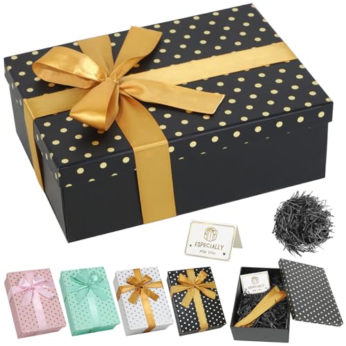 Schwarz Geschenkbox mit Deckel,Groß Geschenkbox Polka Dot Muster mit Raffiapapier,Grußkarte,Schleife,25×18×8.5cm Faltbare Leere Geschenkverpackung Box für Hochzeit Geburtstag Weihnachten