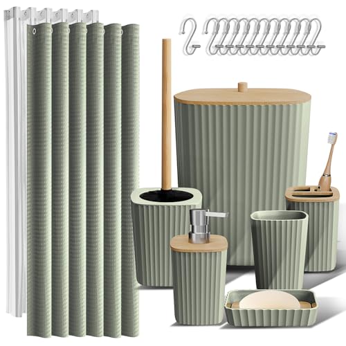 Clara Clark Badezimmer-Set, 20-teilig, mit Duschvorhang-Set, WC-Bürste, Abfalleimer und Seifenspender, Salbeigrün