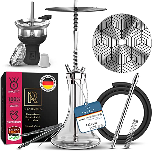 M. ROSENFELD Edelstahl Shisha Set Komplett mit Kopf, Schlauch & Zubehör | V2A Hookah für Anfänger & Profis | Closed Chamber System, 1 Anschluss (für 2 Schläuche erweiterbar) (SteelOne)
