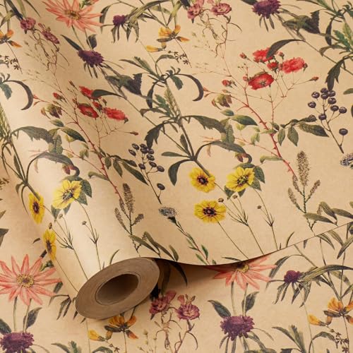 woric Geschenkpapierrolle Wildblumen, 43cm x 15m Kraftpapier Geschenkpapier Geburtstag Geschenkpapierrolle für Geburtstag Hochzeit Party Babyparty
