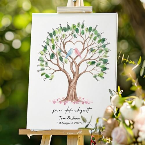 Tenare Gästebuch Hochzeit 30 x 40 cm Leinwand mit Holzrahmen Hochzeit Fingerabdruck mit Stempelkissen Stift Hochzeitsgeschenk Hochzeitsbaum Fingerabdruck Set Gästebuch Alternative für Brautpaar
