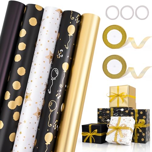 5 Rollen Geschenkpapier Set, Geschenkpapier Geburtstag Geschenkpapierrolle mit 2 Rollen Band für Hochzeit, Geburtstag, Party, Weihnachten(3m x 43cm)
