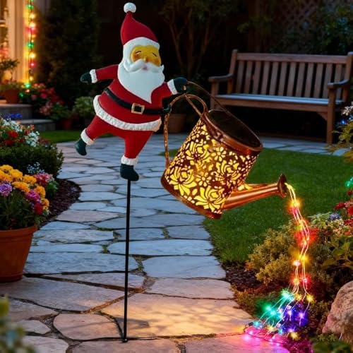 Solarbetriebene Weihnachtsmann Gartenleuchte Solare Gießkanne Weihnachtsdekoration, mit 7 Farben & Warmweiß, IP65 Wasserdicht - Automatisches EIN-/Ausschalten für Außenbereich, Rasen (Bunt)
