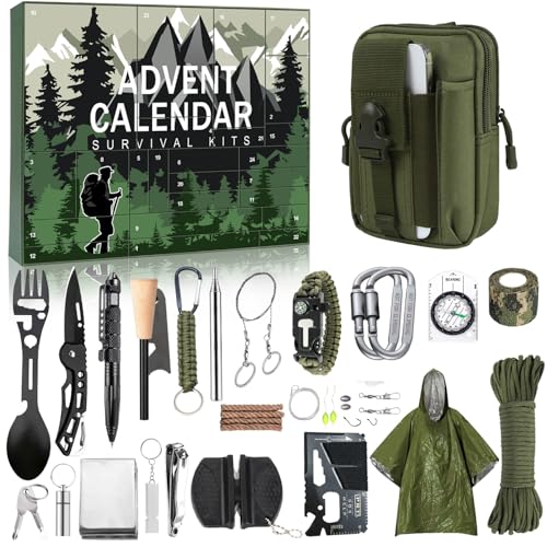 Taktischer Überlebensset Adventskalender 2026–24 Tage Weihnachts Countdown | mit Hüfttasche,Feuerblasebalg und Poncho | Premium-Überlebensausrüstung als Geschenk für Outdoor-Männer, Camping,Abenteuer