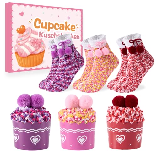 Geschenke für Frauen Kuschelsocken Damen, Cupcake Socken, lila pink rot | Wintersocken Damen – Geschenkidee für Freundin, Geburtstag, Thanksgiving, Weihnachten oder Valentinstag