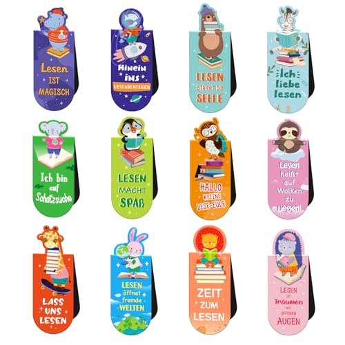 BETESSIN Magnetische Lesezeichen Kinder Einschulung Geschenk - 12 Stück Tiere Lesezeichen mit Sprüchen über das Lesen - Schultüte Füllung - Mitbringsel Kindergeburtstag - Kleine Geschenke für Schüler
