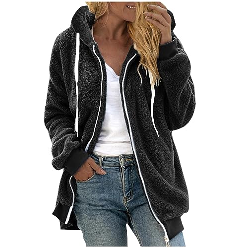 tsaChick Damen Mantel Plüschjacke Hoodie Jacke Oversize Wintermantel Kurzmantel Warm Cardigan Kapuzenjacke Winterjacke mit Taschen Kapuze Black 3XL 44