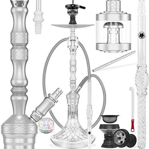 DILAW® SKITTO Shisha Set Hookah Aluminium Alu 75cm Wasserpfeife Kaminkopf Komplettset Molassefänger Silikonschlauch Alu Glas-Mundstück Kaminaufsatz 18/8 schliff Edelstahl Tauchrohr, Silber