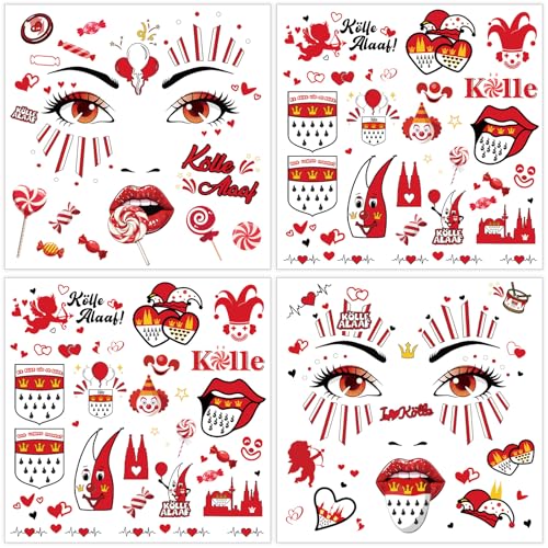 4 Blatt Gesichtstattoo Kölner Karneval Kostüm Damen Herren Gesicht Aufkleber, Klebetattoos Kölle Alaaf Rot Weiss Herz Clown Face Fake Tattoos, Erwachsene Faschingskostüme Schminke Accessoires